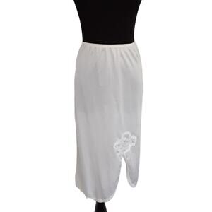 Vintage 80s Satin Slip Skirt Lace Trim Cream Womens 16 Made in USA Coquette Y2K